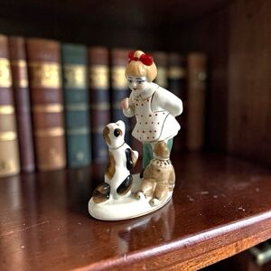 Vintage Polonne Porcelain Figurine Girl Training Dog & Teddy Bear USSR 6" VG